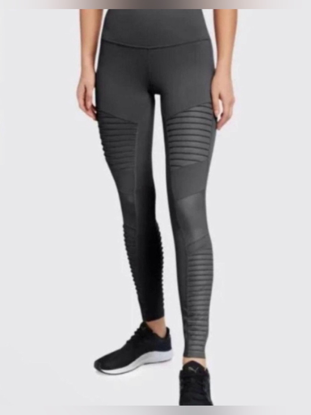 Alo Yoga Women’s High Waist Rise Ribbed Panel Moto Leggings Grey Medium